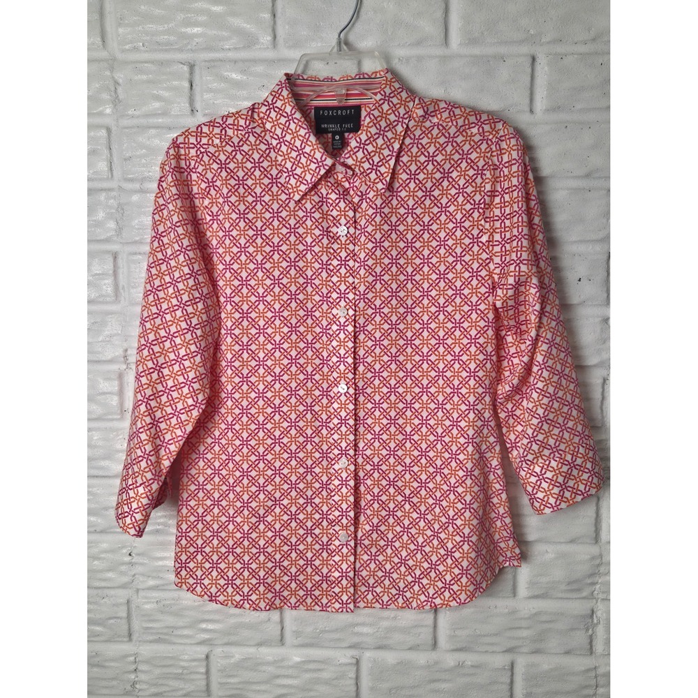 Foxcroft Top Womens 8P Petite Button Up Wrinkle Free 3/4 sleeve Shaped Fit